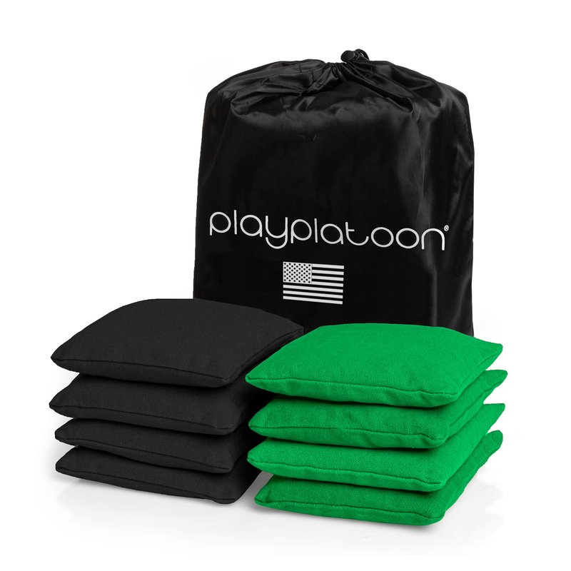 Play Platoon Weather Resistant Cornhole Bags - Set of 8 Regulation Size - Green & Black - Durable Duck Cloth for Tossing Game, Includes Tote Bag