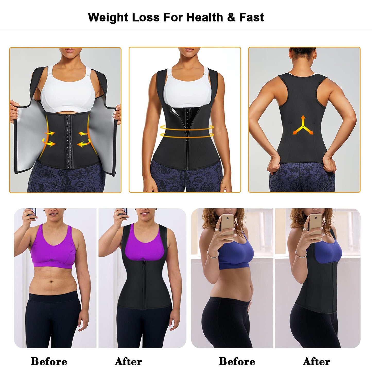 LANCS Women Waist Trainer Vest Sauna Suit Zipper Cincher Body Shaper Corset Sweat Vest Slimming Workout Tank Tops (Black, Small)