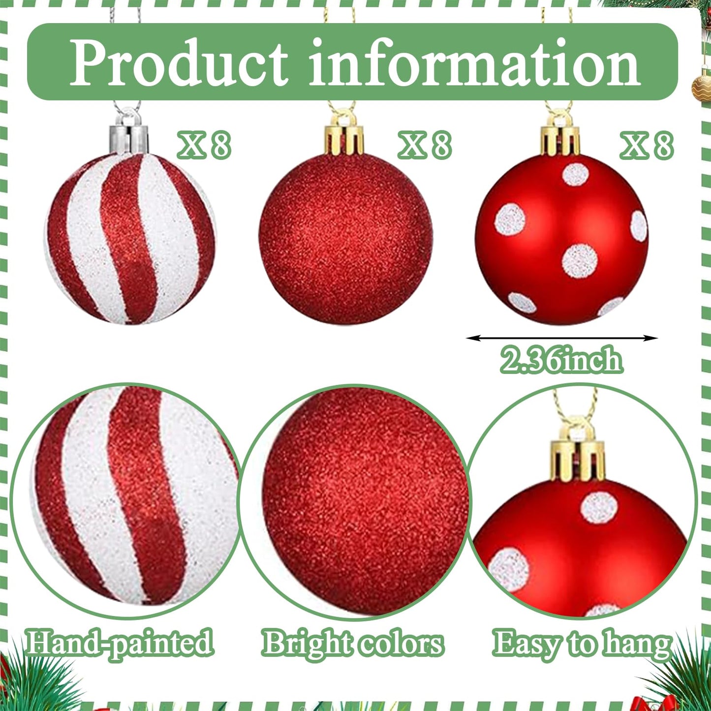 24Pcs Christmas Balls Ornaments Red White Polka Dots Stripes Decor 2.36Inch