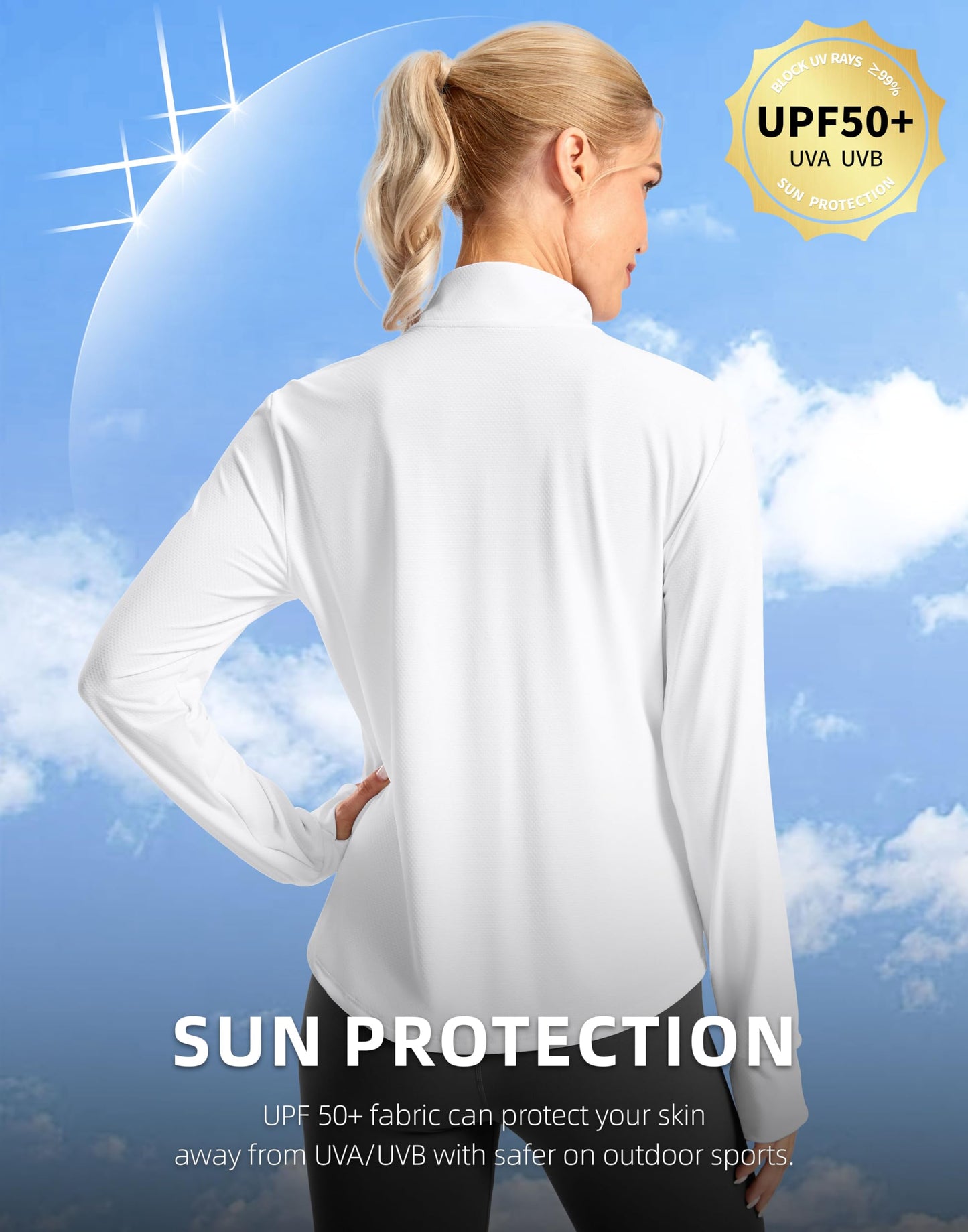 Soothfeel Women's UPF 50+ Lightweight Athletic Jackets Sun Protection Zip Up Long Sleeve Shirts Hiking Workout Outdoor Pocket, White, M