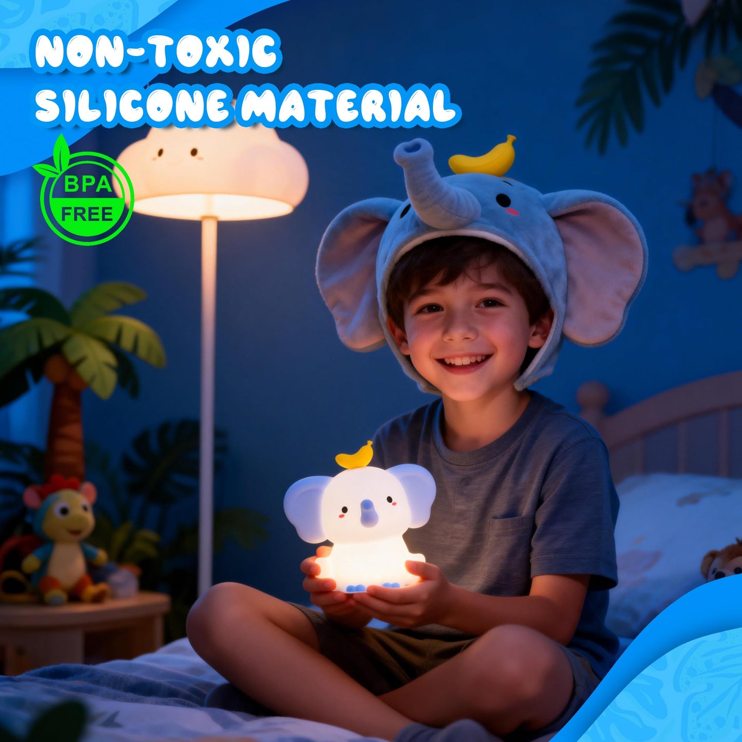 Ammonite Blue Elephant Night Light, Soft Silicone Elephant Nursery Lamp with 2 Dimming Levels and 20-Minute Timer, Touch Control Nightlight for Bedroom Decor, Christmas Birthday Gift