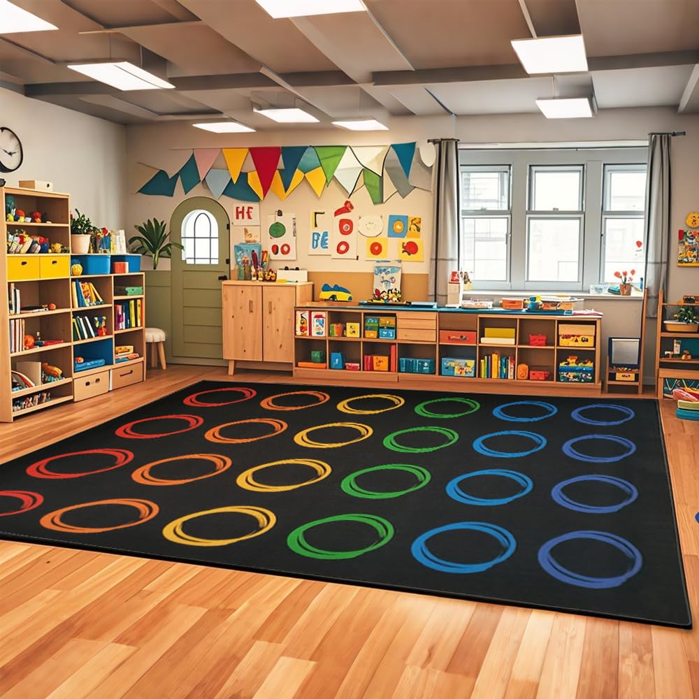MAISONRINA Classroom Rugs Elementary with Colorful Circle, Large Classroom Rug for Preschool Nursery Daycare, Educational Kids Carpet for Kindergarten, 13'x7'7'' Playmat Seats 24(Black)