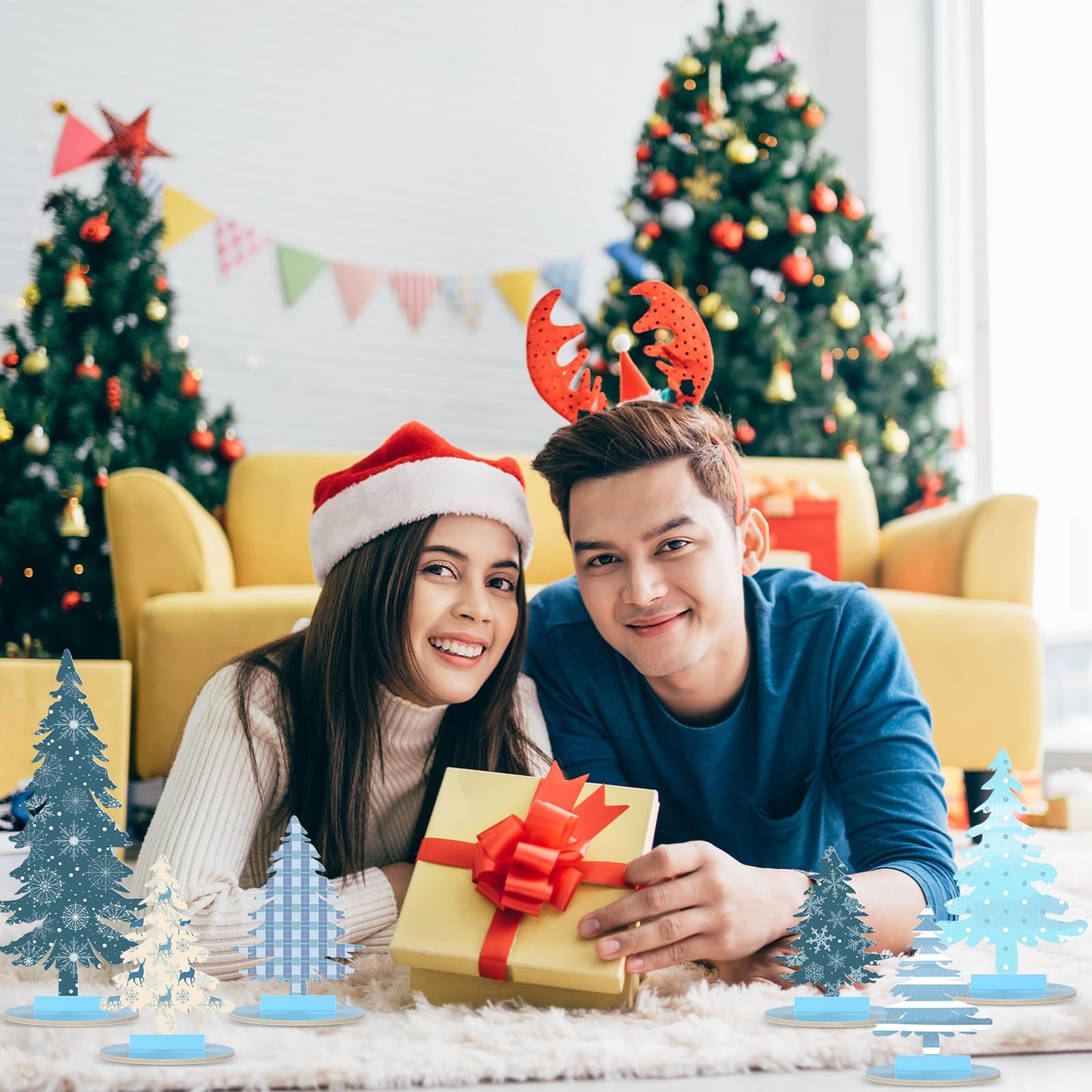 Namalu 16 Pcs Christmas Table Decorations Christmas Tree Centerpieces Buffalo Plaid Snowflakes Table Top Centerpiece for Home Indoor Xmas Winter Holiday Party Supplies Decor (Merry)