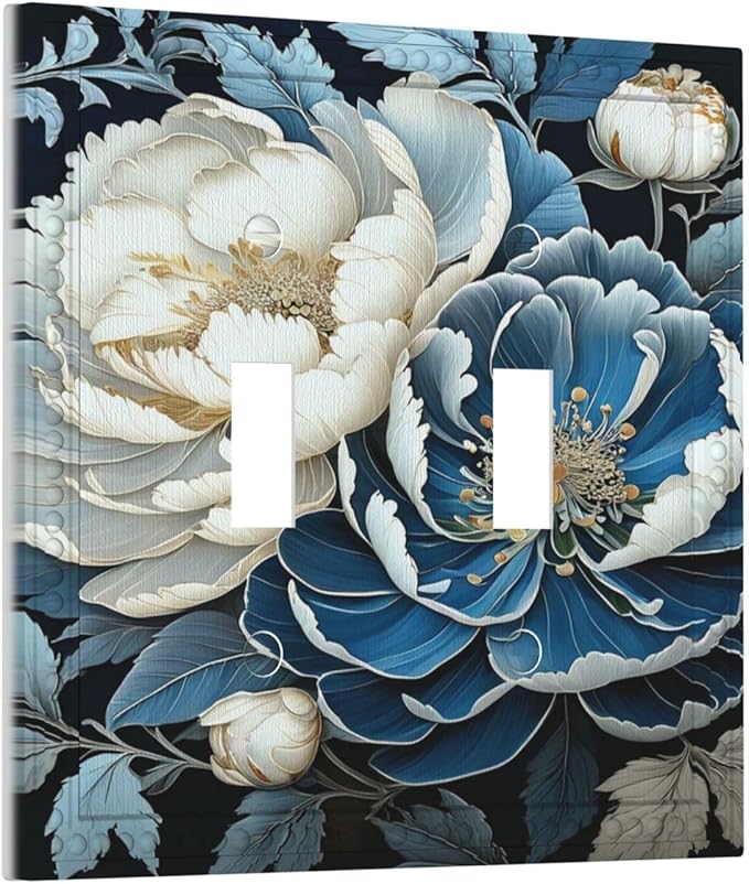 White Blue Flower Peonies Light Switch Covers Double Toggle 2 Gang Wall Plate Dual Decorative Switchplate Electrical Faceplate for Farmhouse Living Room Decor