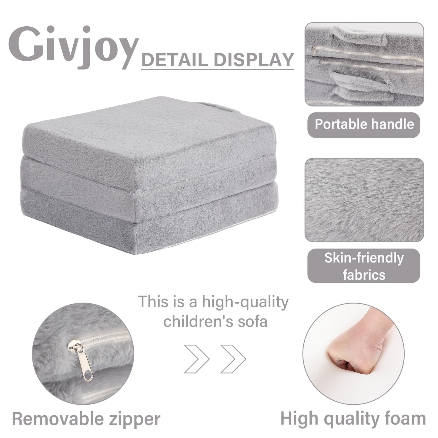 Givjoy Foldable Floor Mattress for Kids, Toddler Washable Tri Folding Floor Nap Mat for Sleeping Daycare, Child Trifold Futon Sofa Bed with Storage Bag for Playroom, Bedroom, Girls and Boys