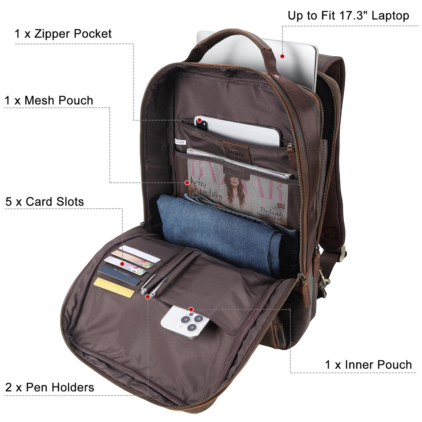 TIDING Full Grain Leather 17.3 Inch Laptop Backpack for Men, Convertible Business Briefcase Weekender Camping Bag Travel Rucksack