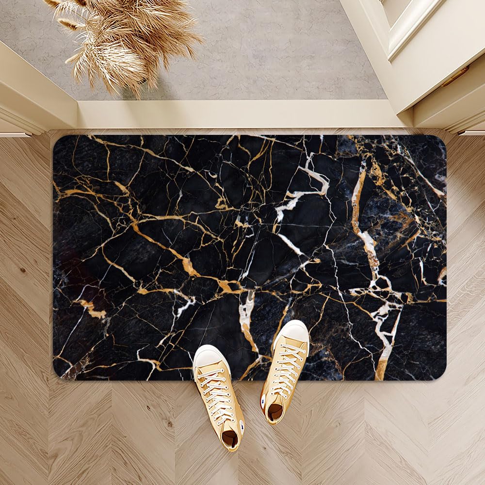 Bath Mat Rug,Black marble with yellow and white Non Slip Quick Dry Super Absorbent Thin Bathroom Rugs Fit Under Door-Easy to clean Bathroom Floor Mats-Shower Rug for Shower Sink Bathtub(16" x 24"In)