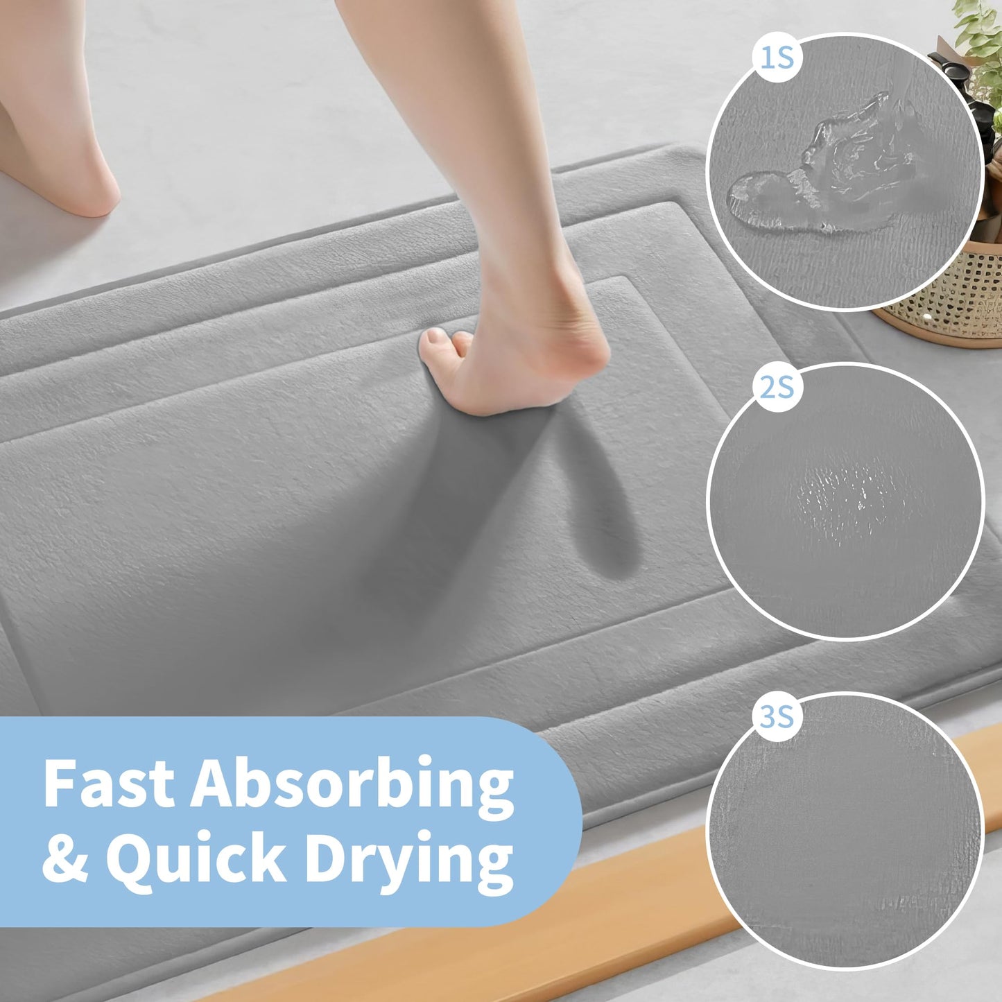 Cupic Cupid Super Soft Memory Foam Bath Mats for Bathroom Floor Shower & Tub, Grey Bathroom Rugs Non Slip Washable, Water Absorbent Bath Rugs, Quick Dry Bath Carpet for Decor 24" x 16"