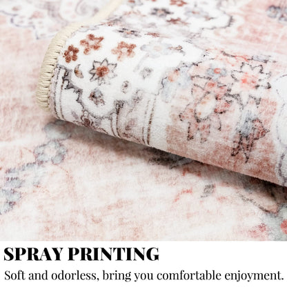 MUJOO Boho Area Rug 3'x5' Machine Washable, Pink Small Non Slip Area Rugs for Entryway Bedroom Bedside Kitchen Hallway Living Room Laundry Room Indoor Mat Soft Low-Pile Floral.
