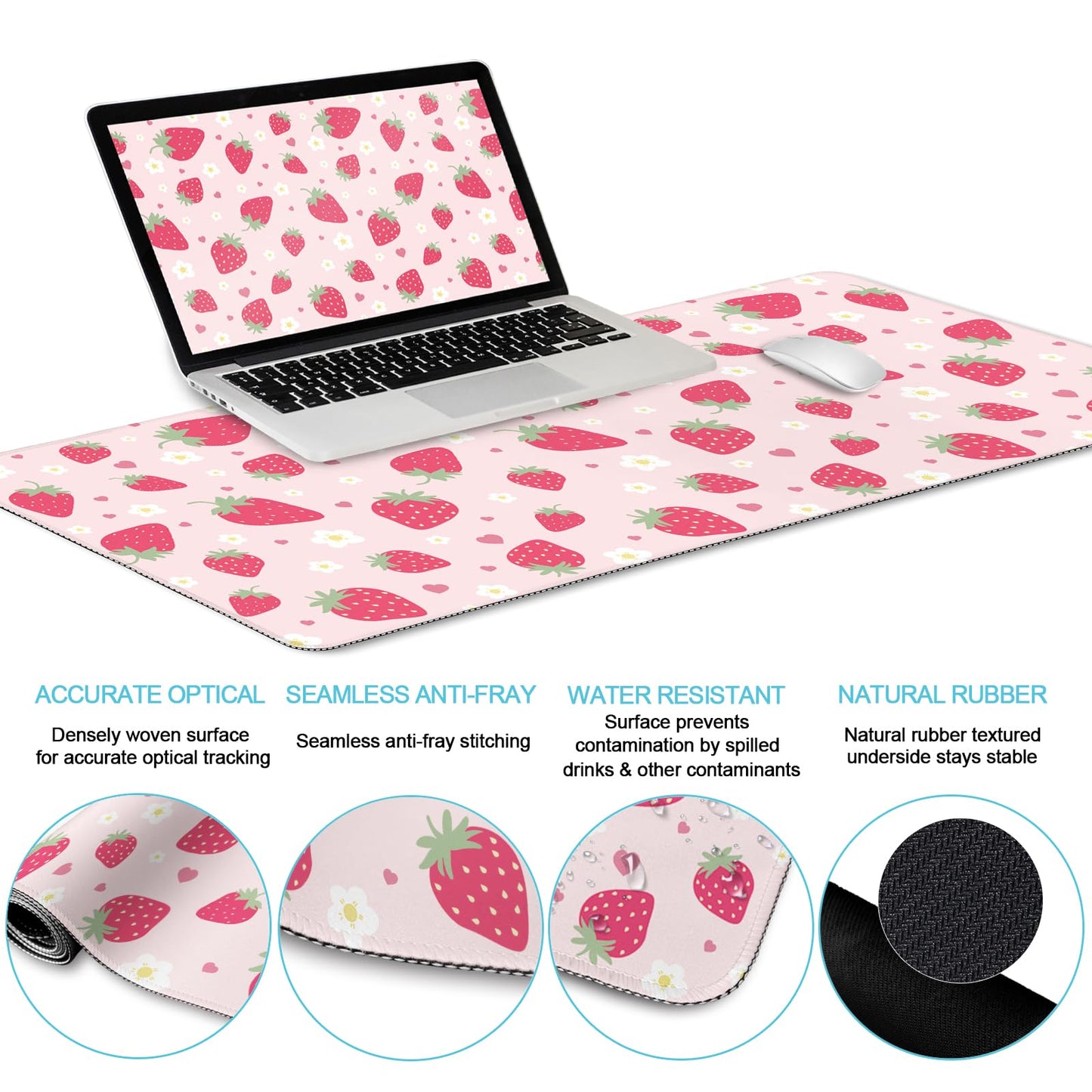 LIMKRIAN Strawberry Mouse Pad Desk Mat Set, Pink Ergonomic Mouse Pad with Wrist Rest, Large Gaming Mousepad Wrist Support Keyboard Mat Cup Coaster Set, Cute Office Desk Decor Accessories Supplies