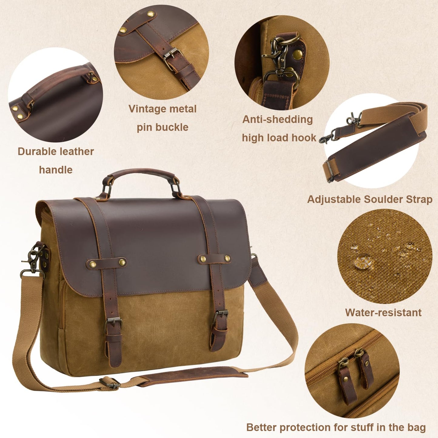 Men's Messenger Bag Waxed Canvas Briefcase 16 Inch Vintage Genuine Leather Computer Laptop Bags Waterproof Satchel Shoulder Bag for Work/Business/Office