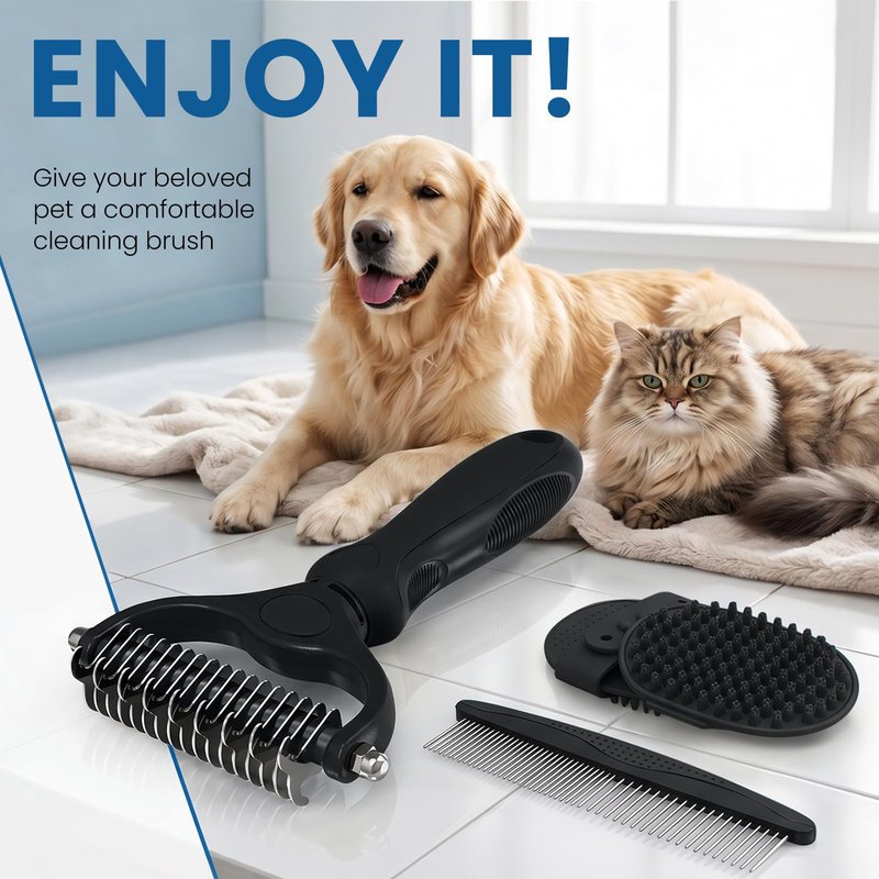 Double-Sided Pet Grooming Rake - 4-in-1 Professional Pet Grooming Kit Deshedding Dematting Tool for Dogs Cats Extra-Wide Grooming Brush & Deshedder Comb for Long & Short Haired Pets (Black Kit 4PCS)