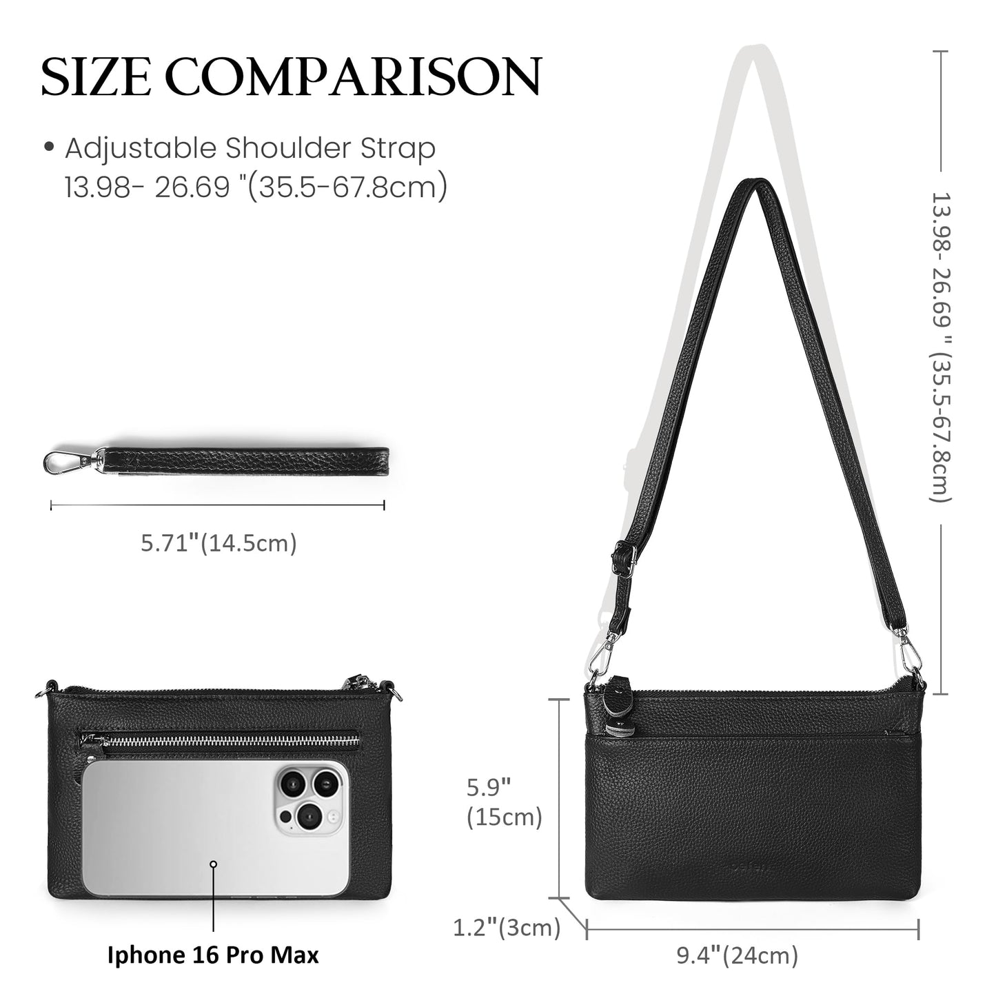 befen Leather Wristlet Wallets for Women, RFID Blocking Small Black Crossbody Bags, Women Leather Purses Handbags Shoulder Bag Trendy Clutch Purse with Adjustable Shoulder Strap and Wrist Strap