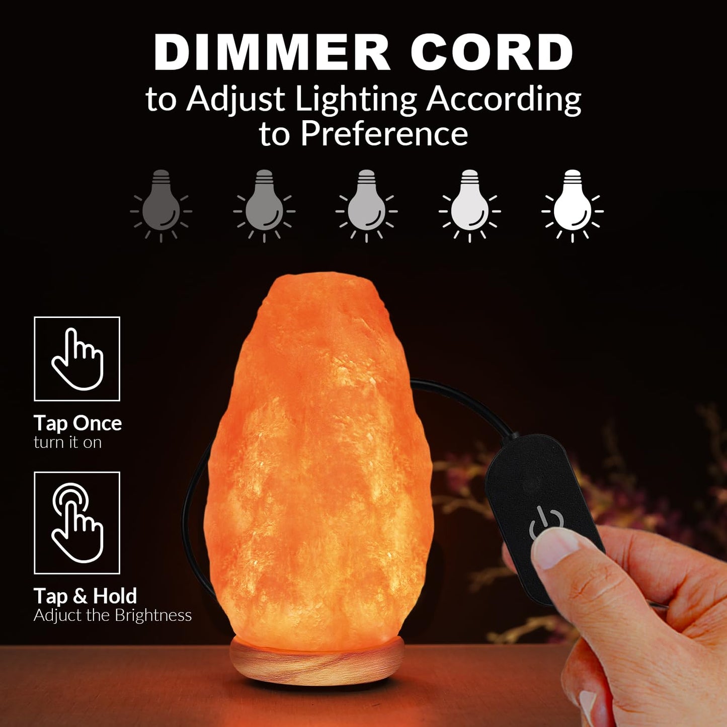 WBM Salt Lamp - USB Himalayan Salt Lamp with Touch Dimmer Control, Natural Pink Crystal, 5-7 lbs, Wooden Base, LED Bulb, Room Decor, Home Decor, Relaxation, Ambiance, Gift