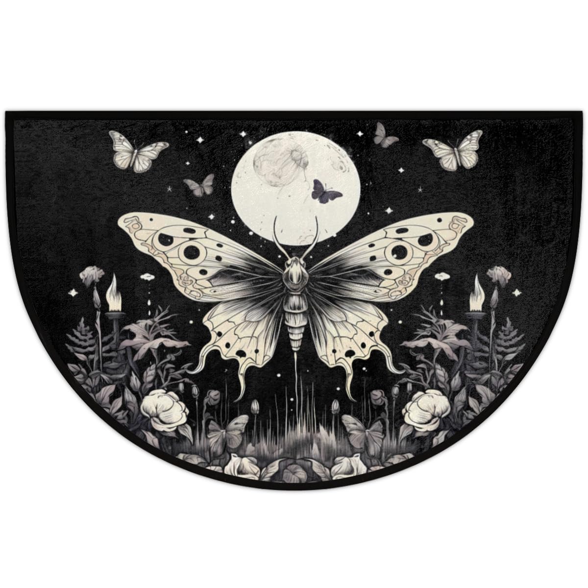 DXTKWL Retro Gothic Butterfly Half Round Door Mat Indoor Entrance, Moon Flower Non Slip Absorbent Doormats 24 x 36 inch Semi Circle Door Floor Mats Area Rugs for Home Kitchen Patio