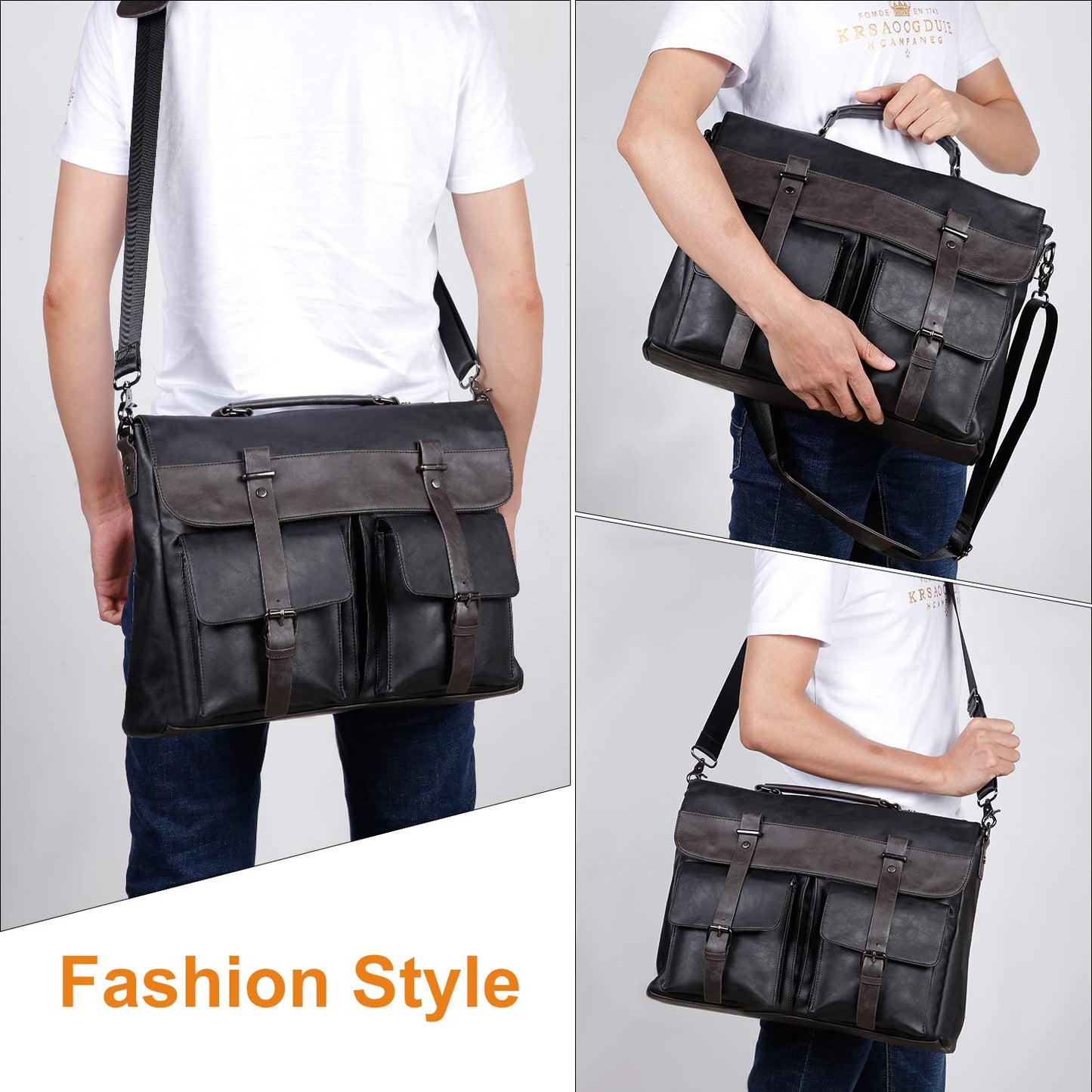 seyfocnia Men's Vintage Black 17.3 Inch Water Resistant PU Leather Laptop Bag, Messenger Bag, Satchel, Briefcase
