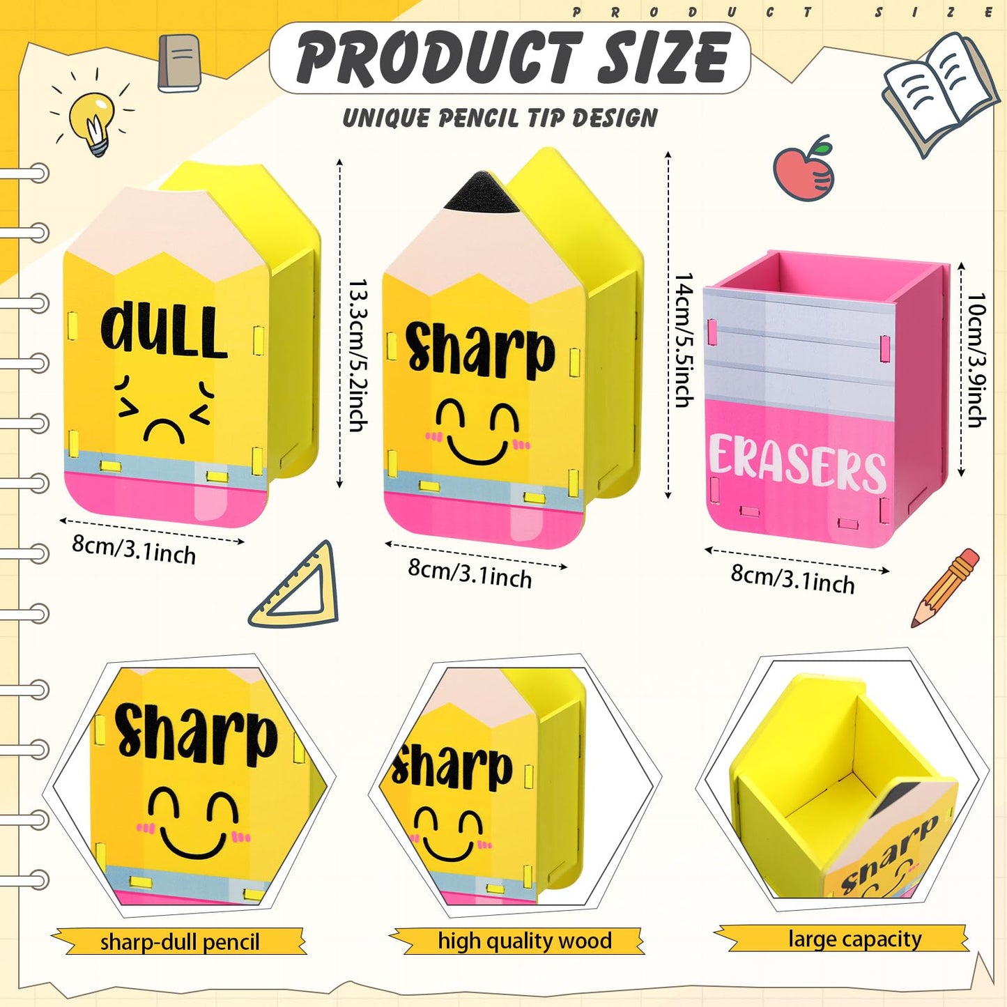 DoubleFill 3 Pcs Sharp and Dull Pencil Holder Eraser Buckets Wooden Shaped Dispenser for Back to School Teachers Classroom Management(Yellow Face)