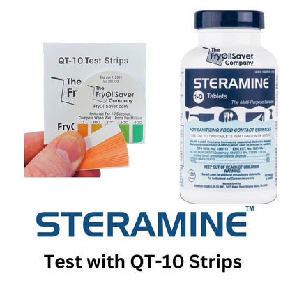 1 Bottle Steramine Sanitizer Tablets w/15x QT-10 Test Strips - Multi Purpose Steramine Sanitizing Tablets for Food Contact Surface, Kitchen, Restaurant & Commercial Use by FryOilSaver (150 Count)