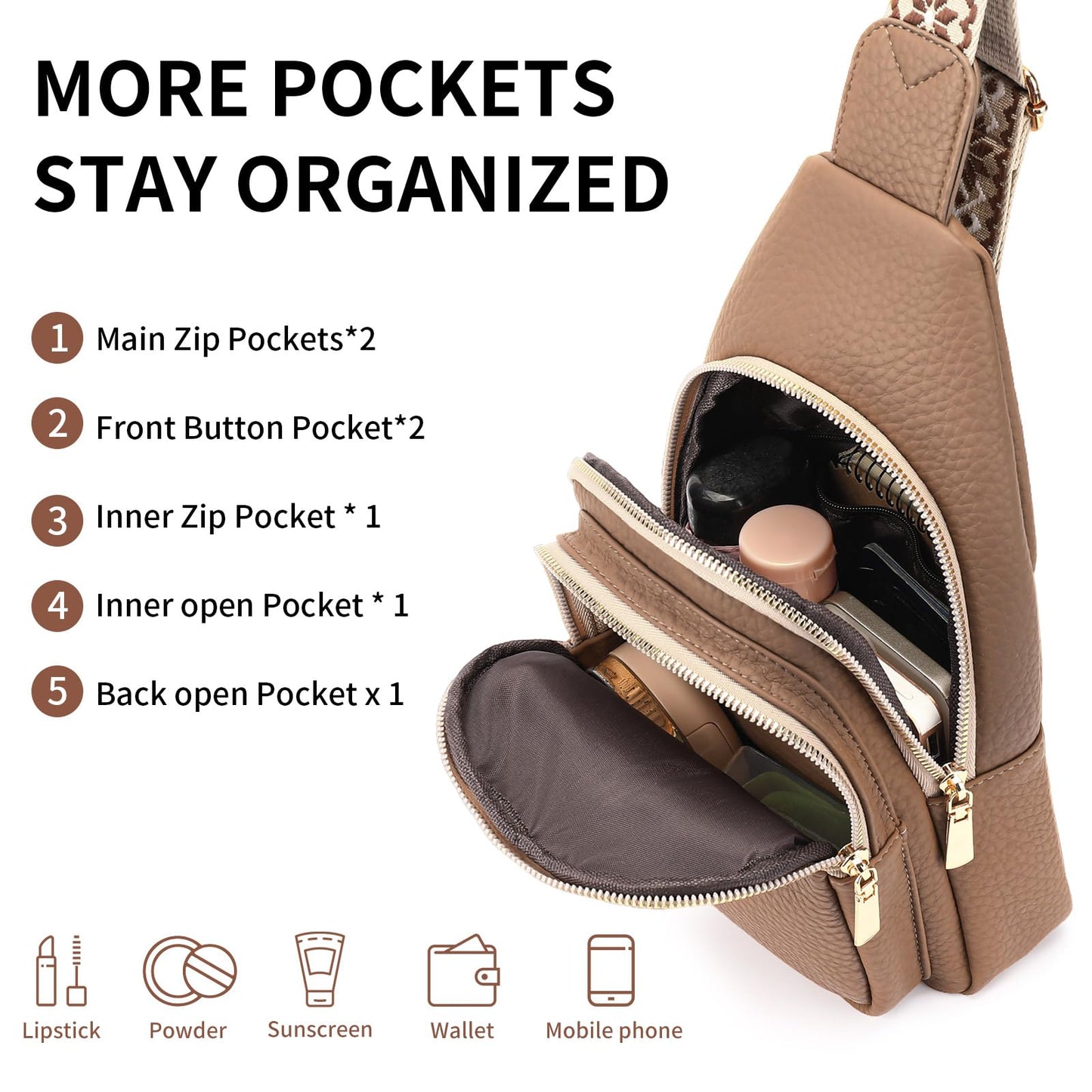 FALAN MULE Small Crossbody Sling Bags Fanny Packs Leather Purses Chest Bag for Women (Khaki)