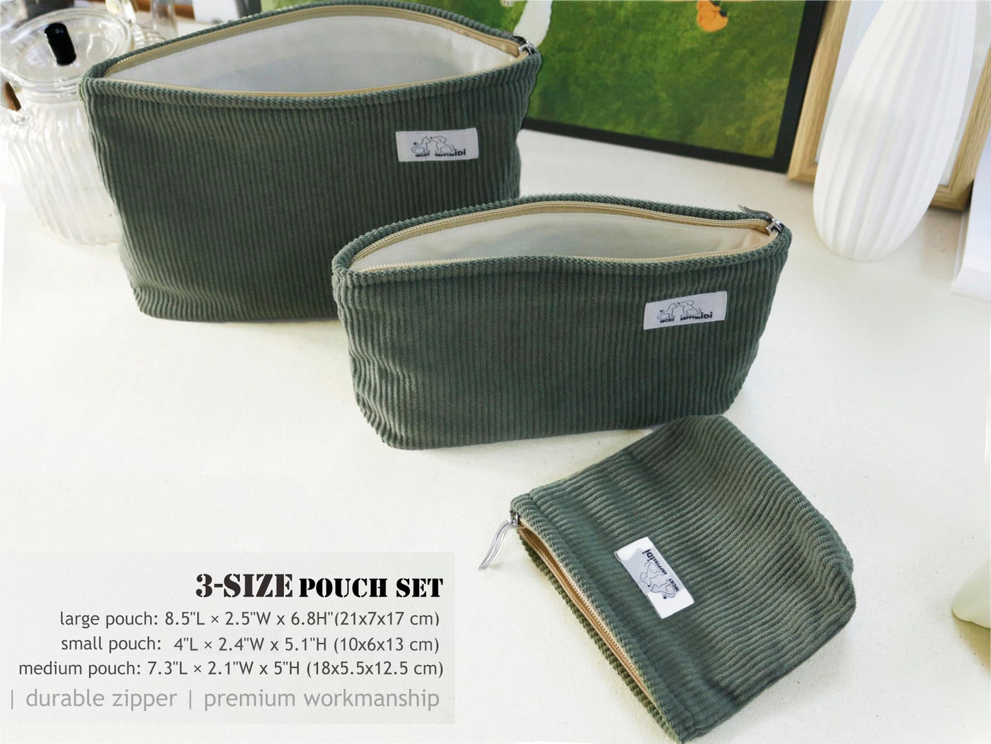 HAPPYHEIDI Corduroy Makeup Bag Set 3 Cosmetic Toiletry Travel Pouch Organizer for Purse Tote, Women Girls Gift, Large Medium Small, Solid Sage Green