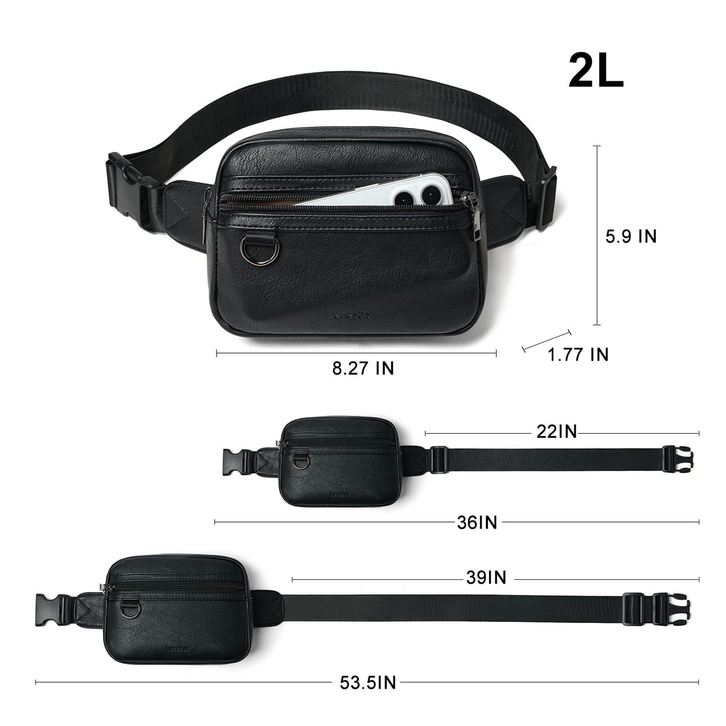 Leresas 2L Fanny Packs for Women Men Corss Body Belt Bag Waist Pack Vegan Leather Trendy Travel Cycling Waterproof Black