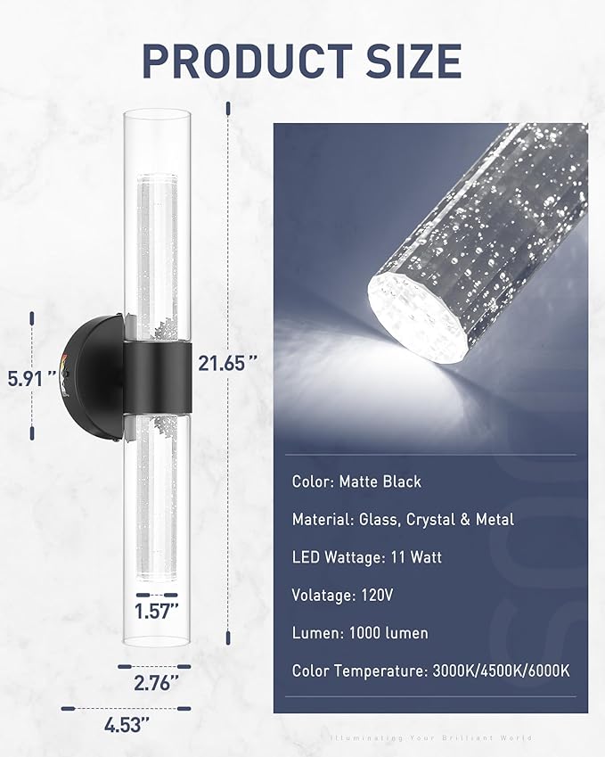 kudos Black Bathroom Sconces Wall Lighting,2 Pack LED Wall Lights with Crystal Bubble and Clear Glass, 3000K/4500K/6000K Adjustable,KDVL05-BK-2-2PK