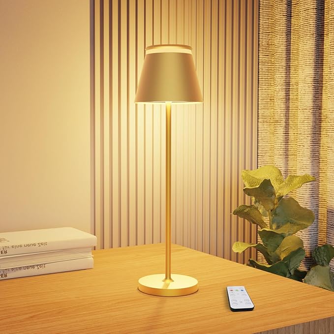 Cordless Table Lamp Rechargeable,5000mAh Battery Operated Desk Lamp,Waterproof Touch Dimmable Light with Remote,3 Color Stepless Dimming Up,for Bedroom/Office/Bars/Camping. (Gold, 1pcs)