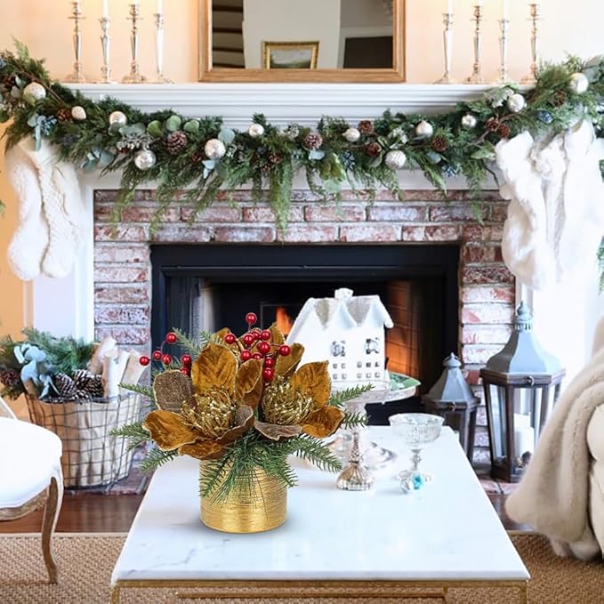 13 inch Brown Christmas Table Centerpiece 5" Glitter Magnolia Flower and Berries Fir Greenery Artificial Christmas Floral Centerpiece in Ceramic Pot Tabletop Xmas Table Arrangement Decoration