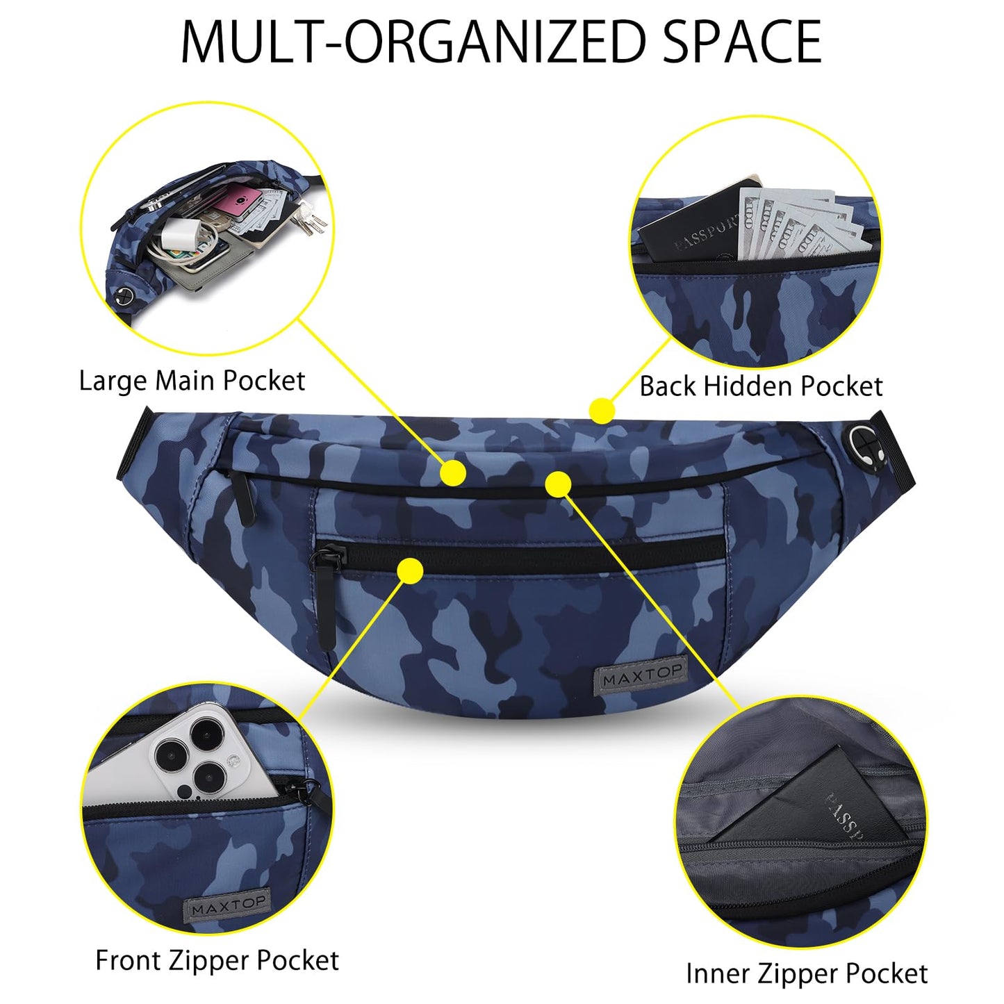 MAXTOP Large Fanny Pack Cross Body Bag Lightweight Belt Bag with Headphone Jack and 4-Zipper Pockets Adjustable Straps for Sports Workout Traveling Running Casual