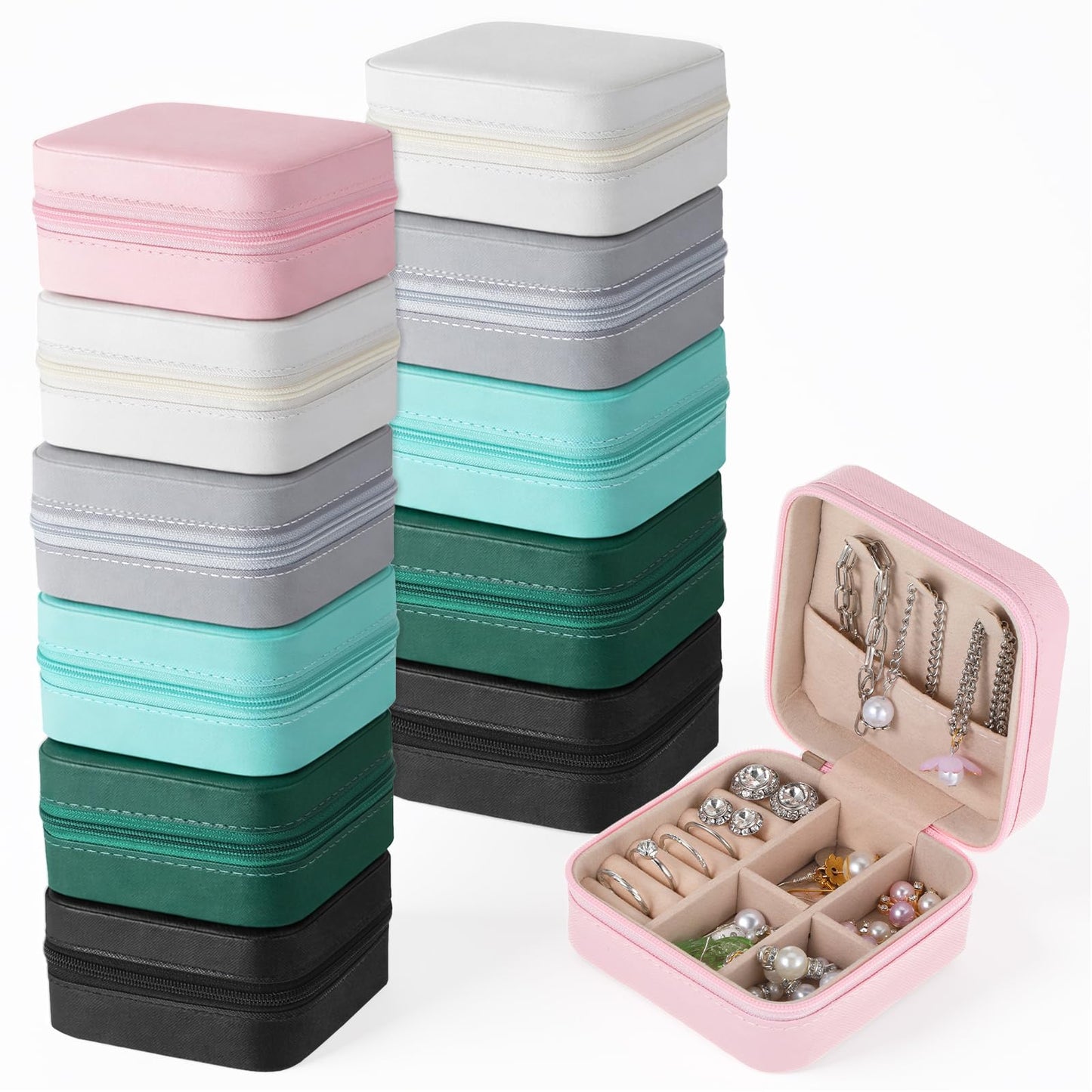 SHENLIU 12pcs Mini Jewelry Travel Case, 6 Elegant Colors Compact PU Leather Jewelry Organizer for Rings, Earrings, Necklaces, Perfect for Bridesmaid Gifts