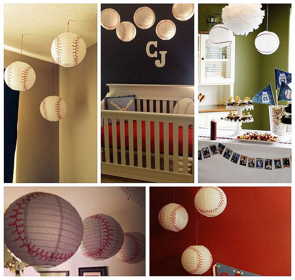 Easy Joy 8'' Baseball Paper Lanterns Sports Team Party Baseball Hanging Lantern Softball Party Decorations 3 Pieces