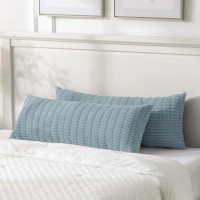 Fancy Homi 1 Pack Light Blue Long Lumbar Body Decorative Throw Pillow Covers 14x36 Inch for Bed Couch Bedroom Bench, Soft Corduroy Rectangle Solid Pillow Case 35x91 cm, Rustic Farmhouse Boho Decor