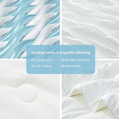 Cozy Bliss Cooling Comforter Full Size Seersucker Plaid, Q-Max 0.4 Reversible Lightweight Cooling Blanket, Breathable Silk Smooth Summer Bedding Quilt for Hot Sleepers Night Sweats White