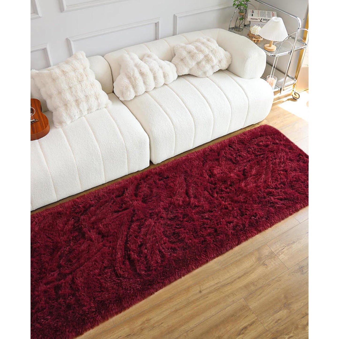 DweIke Fluffy Burgundy Red Runner Rugs for Bedroom, 2x6 Feet Soft Plush Long Runners for Girls Boys Kids, Non-Slip and Machine Washable Bedside Rug, Small Throw Carpet for Hallway Rooms Decor