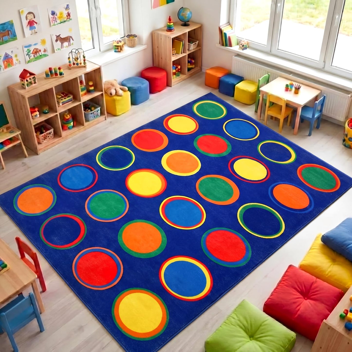 Breling Classroom Carpets Playmat Rugs with Spots, 6x9 ft 24 Seat Classroom Kids Circle Time Learning Area Rugs, Colorful Dot Children's Nursery Sitting Play Mat for Preschool Kindergarten Daycare