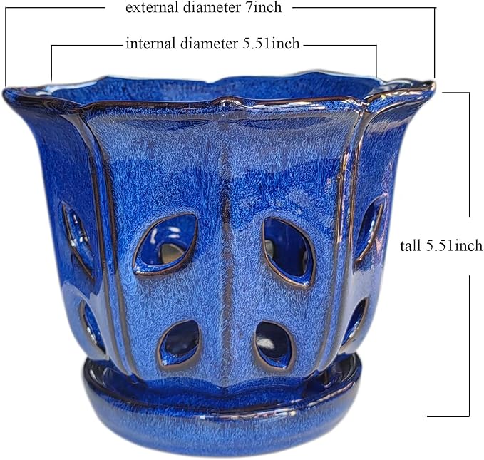 Ceramic Orchid Pots with Holes Orchid Pot 6 inch (Blue)