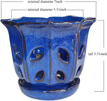 Ceramic Orchid Pots with Holes Orchid Pot 6 inch (Blue)