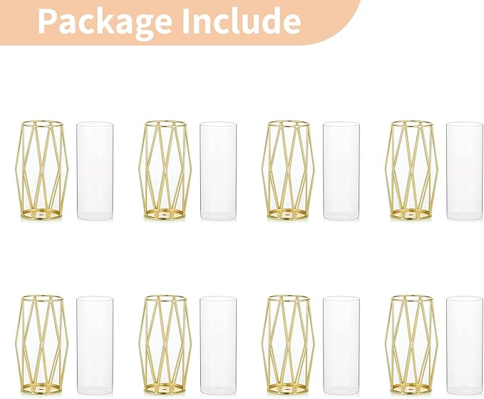 Nuptio Gold Pillar Candle Holder: 8 Pcs Glass Hurricane Candles Holders with Geometric Metal Rack Stand for Wedding Birthday Party Centerpieces - Decorative Flower Vase for Office Living Room