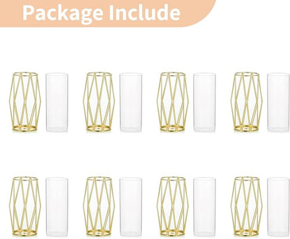 Nuptio Gold Pillar Candle Holder: 8 Pcs Glass Hurricane Candles Holders with Geometric Metal Rack Stand for Wedding Birthday Party Centerpieces - Decorative Flower Vase for Office Living Room