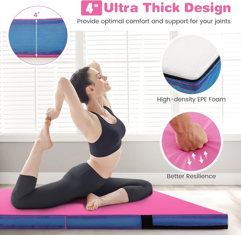 Goplus Thick Folding Gymnastic Mat - 4" Bi-Fold Fitness Mat with Carrying Handles & PU Leather Cover | Ideal for Home Gym Workouts