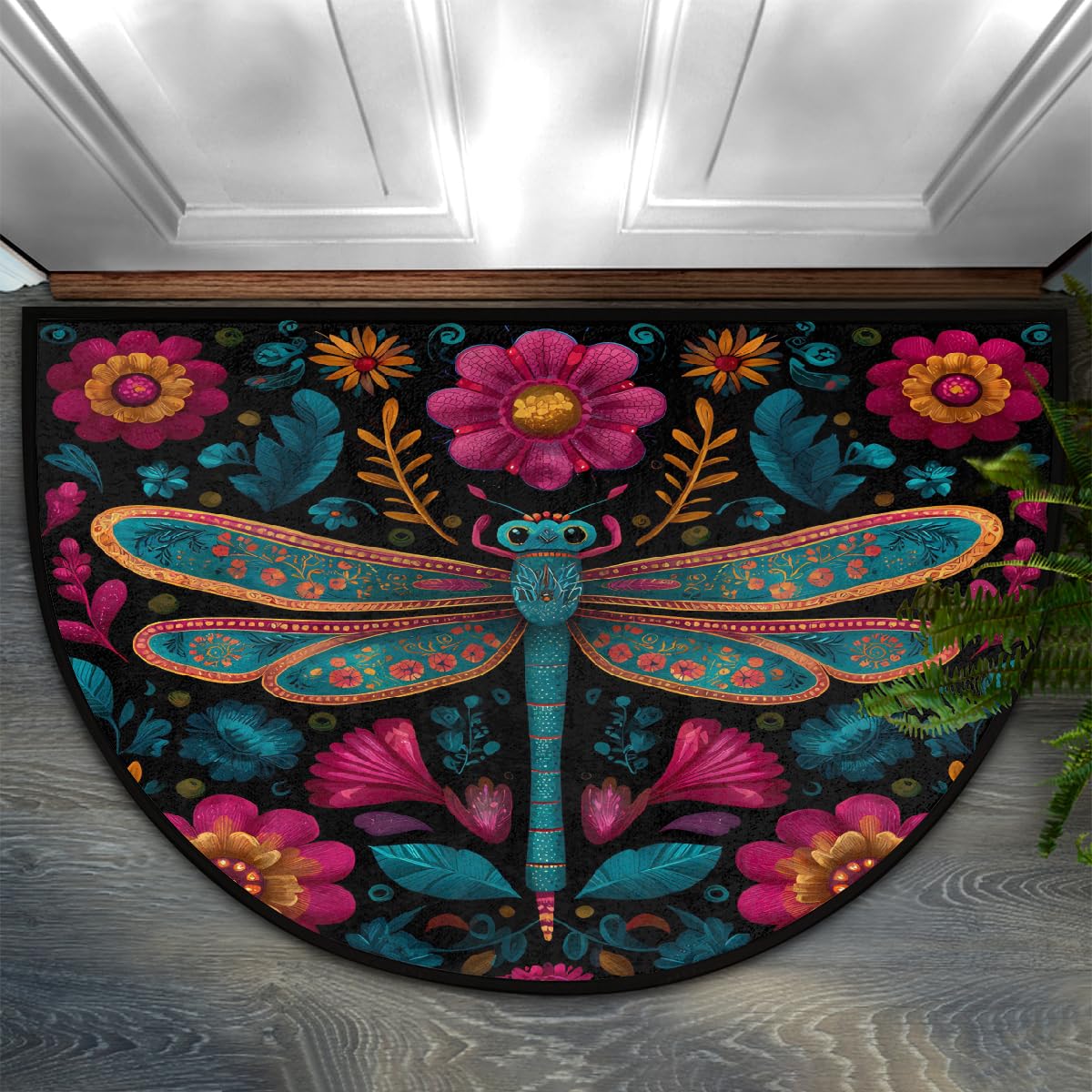 Peaom Folk Art Boho Dragonfly Flower Half Round Door Mat Indoor Entrance Low Pile Non Slip Absorbent Semi Circle Welcome Mats Doormats 36x24 in Floor Mats for Home Kitchen