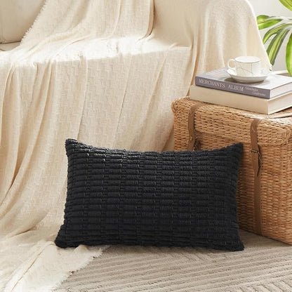 Fancy Homi Black Decorative Throw Pillow Covers 14x24 Inch for Living Room Couch Bed Sofa, Rustic Farmhouse Boho Home Decor, Soft Striped Corduroy Square Cushion Case 35x60 cm
