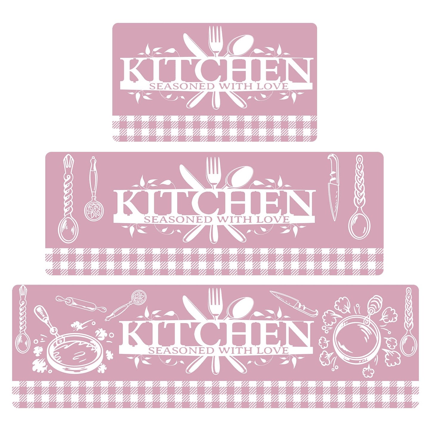 Pink Kitchen Mats for Floor, 3 Pieces Non Slip Cushioned Kitchen Runner Rugs with Grid Design, Waterproof Comfort Mat Farmhouse Chef Runners Carpet for Sink, Bathroom