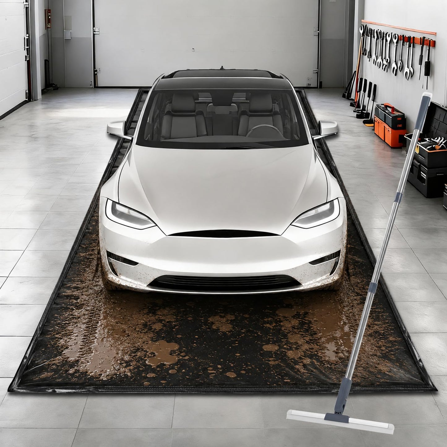 UEAKPIC Garage Floor Mat 7'9" x 18', Heavy Duty 1300D PVC Containment Mat with Floor Squeegee, Waterproof Protection from Snow, Rain and Mud for Cars, Black
