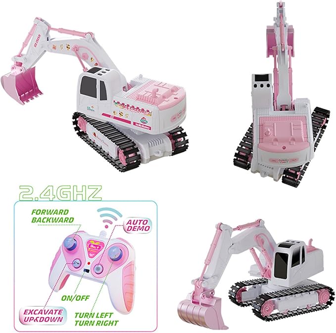 Pink RC Excavator 6 Channel 2.4Ghz RC Construction Vehicle1:24 Scale Pink Excavator Toy with 360° Rotation Light Sound and DIY Stickers Birthday Gift for Teens Adults (3 Battery)