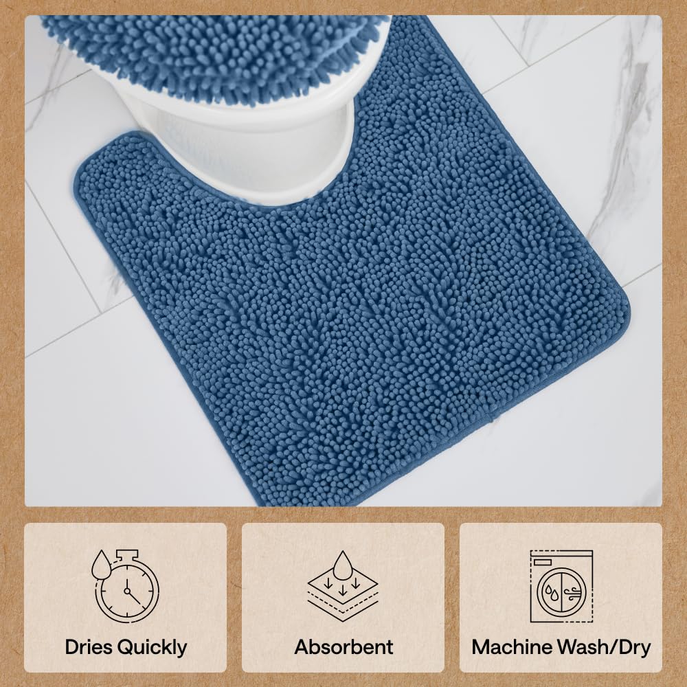 GORILLA GRIP Bathroom Rug Sets 3 Piece, Bath Mat Set and Oval Toilet Base with Rubber Backing, Plush Absorbent Shaggy Chenille Washable Mats, Includes 24x19.5, 24x17 and 30x20 Inch Rugs, Navy