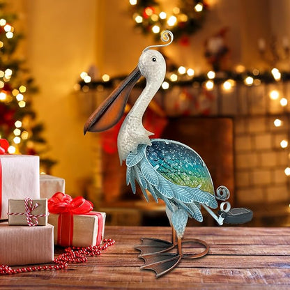 HONGLAND Solar Metal Pelican Statues Garden Sculpture & Statues, 19 Inch Glass Outdoor Pelican Yard Art Coastal Ocean Bird Decor Lawn Ornament for Backyard Porch Patio Decor（Blue-Green）