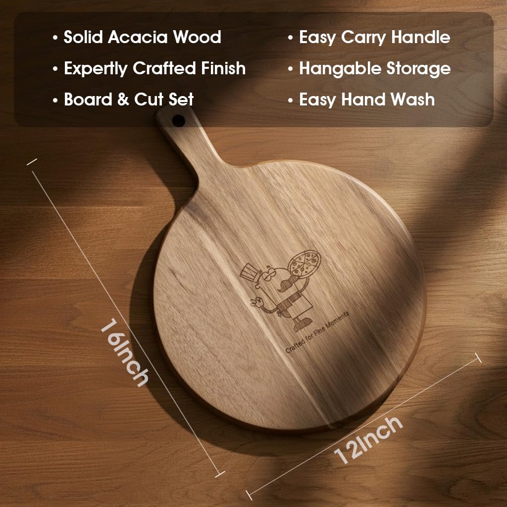 GleeNflux 12" Acacia Wood Pizza Board & Cutting Board Set with Pizza Cutter, Round Wooden Serving Tray/Charcuterie Platter for Cheese, Appetizers & Entertaining, Rustic Housewarming Gift