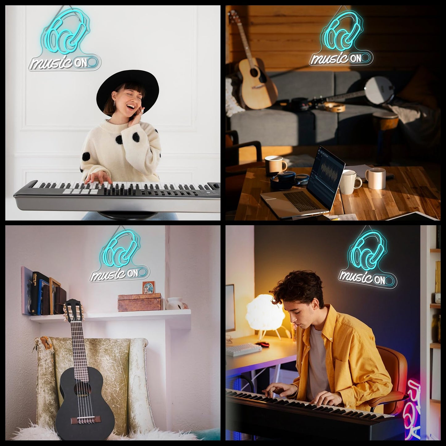 Horseneon Music On Neon Sign Rhythmic LED Wall Decor for DJ Studios, Music Rooms & Gamer Setups, USB-Powered with Adjustable Brightness, Headphones Design