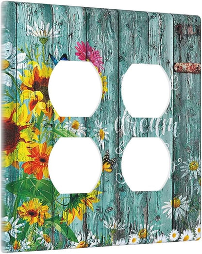 Decorative Light Switch Cover Plate Rustic Vintage Wood Planks Sunflower Butterfly 2 Gang Socket Covers Double Duplex Wallplates Switch Plates and Outlet Covers for Bathroom Home Decor